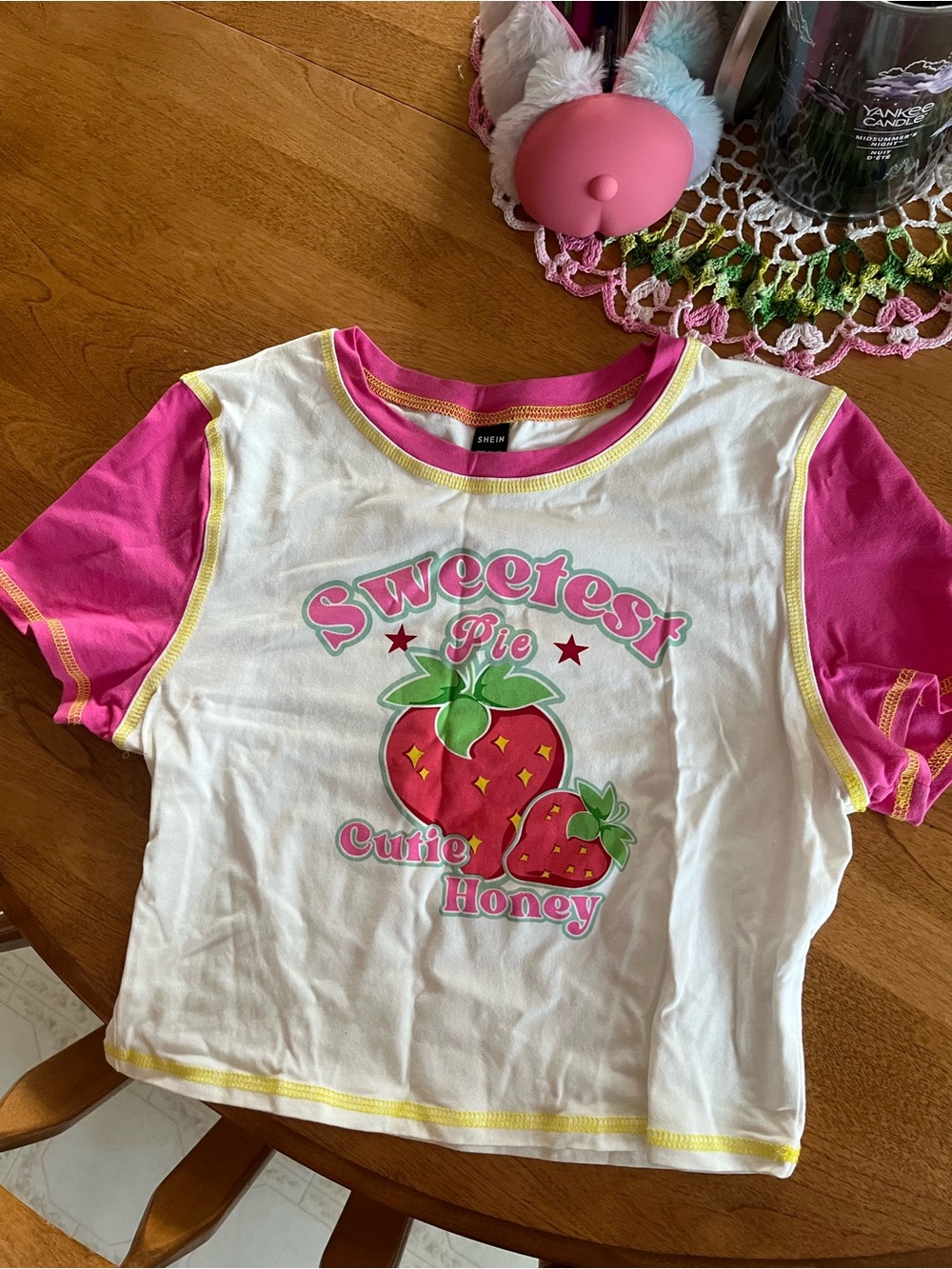 SHEIN White & Pink 'Sweetest Pie' Strawberry Graphic Tee